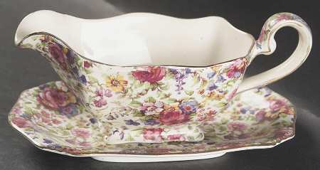 Summertime (Pre 1960, Cream Background, Gold Trim) Gravy Boat & Underplate