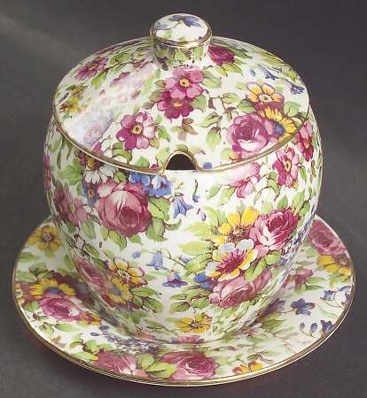 Summertime (Pre 1960, Cream Background, Gold Trim) Jam/Jelly & Lid W/Underplate