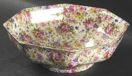 Summertime (Pre 1960, Cream Background, Gold Trim) 7" Octagonal Vegetable Bowl