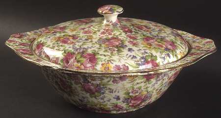 Summertime (Pre 1960, Cream Background, Gold Trim) Round Covered Vegetable