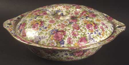 Summertime (Pre 1960, Cream Background, Gold Trim) Round Covered Vegetable