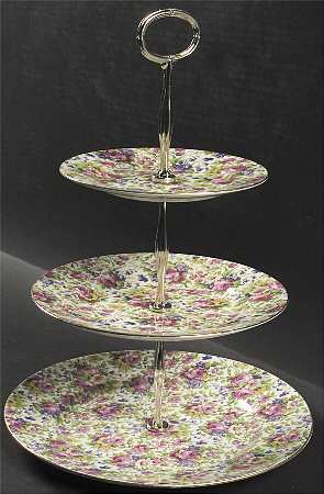 Summertime (Pre 1960, Cream Background, Gold Trim) 13 7/8"-14 1/4" 3-Tiered Serving Tray(DP,SP,BB) HC