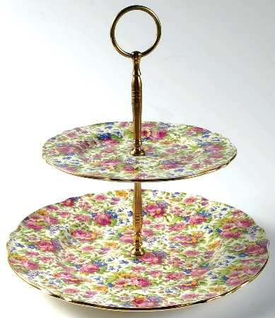 Summertime (Pre 1960, Cream Background, Gold Trim) 2 Tiered Serving Tray (Dinner & Dessert Plates)