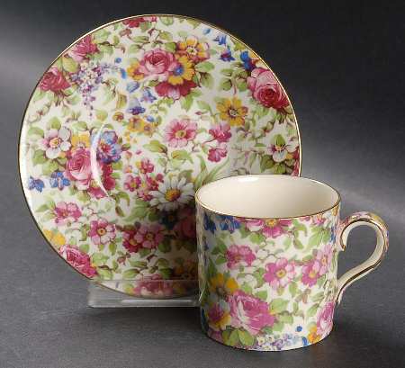 Summertime (Pre 1960, Cream Background, Gold Trim) Can Shaped Flat Demitasse Cup and Saucer Set