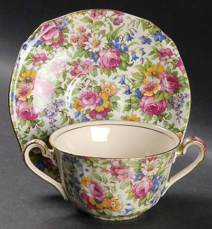 Summertime (Pre 1960, Cream Background, Gold Trim) Flat Bouillon Cup & Saucer