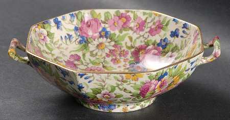 Summertime (Pre 1960, Cream Background, Gold Trim) 2 Handle Octagonal Bon Bon