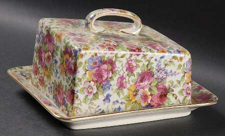 Summertime (Pre 1960, Cream Background, Gold Trim) Cheese Dish with Lid (Wedge)