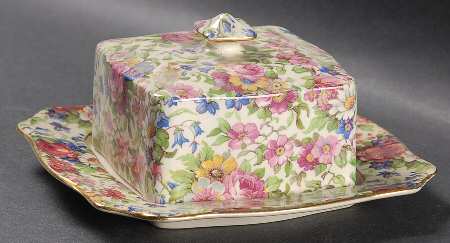 Summertime (Pre 1960, Cream Background, Gold Trim) Large Square Ascot Covered Butter