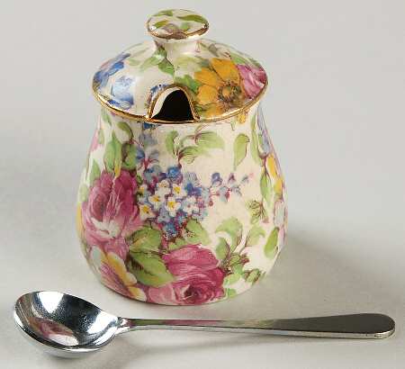 Summertime (Pre 1960, Cream Background, Gold Trim) Mustard Jar & Lid with Spoon
