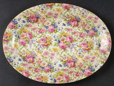 Summertime (Pre 1960, Cream Background, Gold Trim) 10" Oval Serving Platter