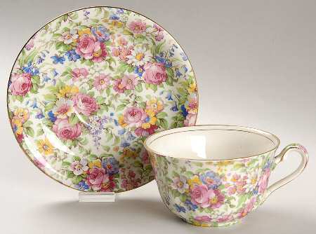 Summertime (Pre 1960, Cream Background, Gold Trim) Flat Cup & Saucer Set