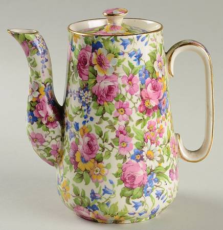 Summertime (Pre 1960, Cream Background, Gold Trim) Individual Coffee Pot & Lid
