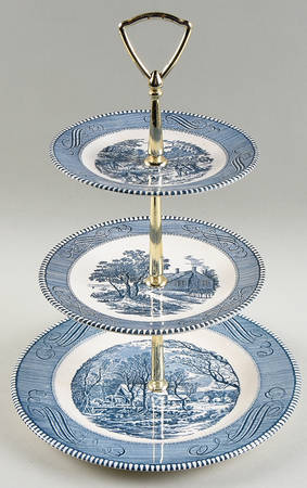 Currier and Ives Blue 3-Tiered Serving Tray (DP, SP, BB)
