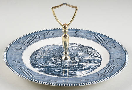 Currier and Ives Blue Round Serving Plate with Handle (DP)
