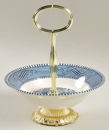 Currier and Ives Blue 6"-7" Handled Footed Nut Dish HC