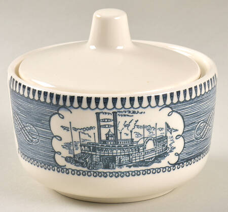 Currier and Ives Blue Sugar Bowl & Lid