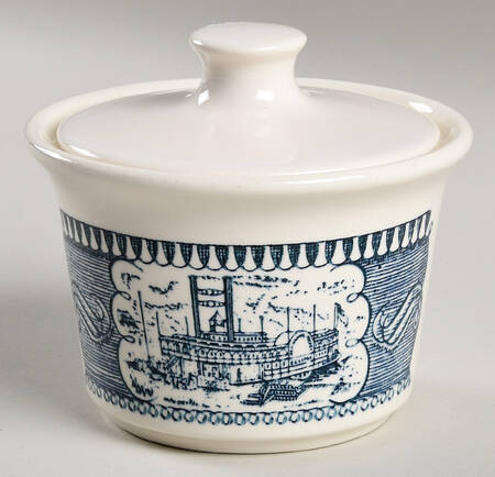 Currier and Ives Blue Sugar Bowl & Lid