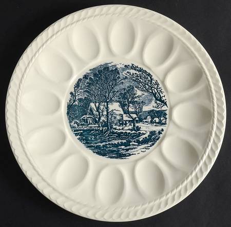 Currier and Ives Blue Deviled Egg Plate