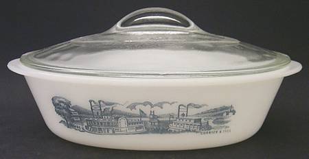 Currier and Ives Blue 1 Qt Oval Ovenware Casserole & Lid