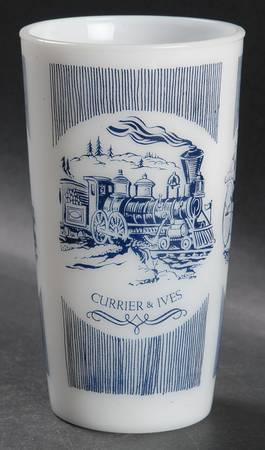 Currier and Ives Blue 10 Oz Glass Ovenware (Milk White) Tumbler