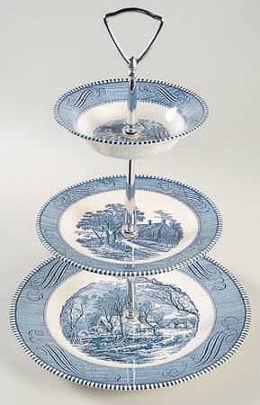 Currier and Ives Blue 3-Tiered Serving Tray (DP, SP, FR)