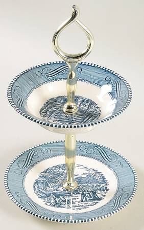 Currier and Ives Blue 2 Tiered Serving Tray-Bread&Butter and Fruit Bowl