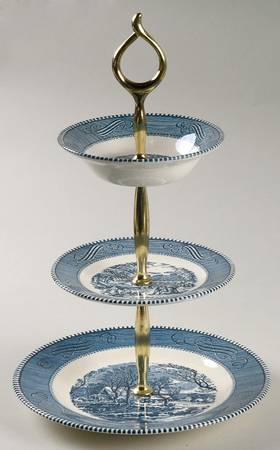Currier and Ives Blue 3-Tiered Serving Tray (LP, BB, FR)