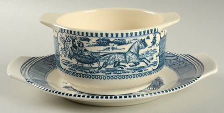 Currier and Ives Blue Gravy Boat & Underplate