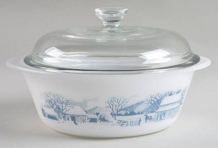 Currier and Ives Blue 1 1/2 Quart Round Ovenware Casserole with Lid