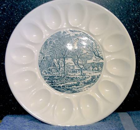 Currier and Ives Blue Deviled Egg Plate