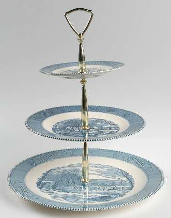 Currier and Ives Blue 3 Tiered Serving Tray (CH, LP, BB)