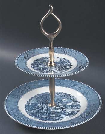 Currier and Ives Blue 2 Tiered Serving Tray (Lunch & Bread/Butter Plate)