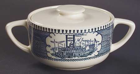 Currier and Ives Blue Sugar Bowl & Lid