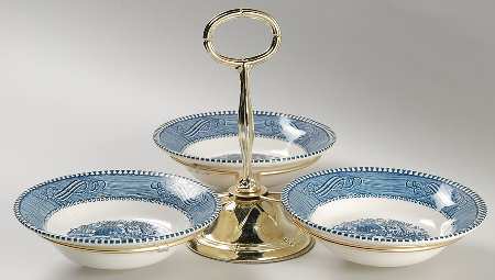 Currier and Ives Blue 7" x 12" 3-Part Relish & Metal Stand (FR) HC