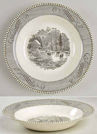 Currier and Ives Grey Rim Soup Bowl