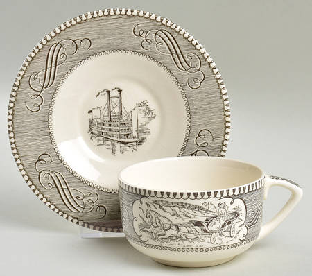 Currier and Ives Grey Flat Cup & Saucer Set