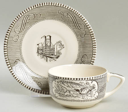Currier and Ives Grey Flat Cup & Saucer Set