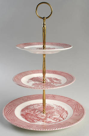 Currier and Ives Pink 3-Tiered Serving Tray (DP, SP, BB)