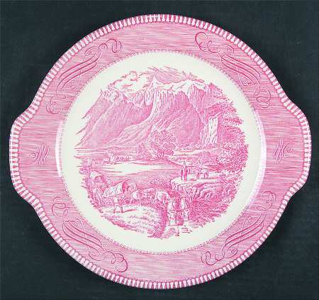 Currier and Ives Pink Handled Cake Plate