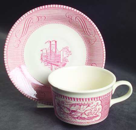 Currier and Ives Pink Flat Cup & Saucer Set