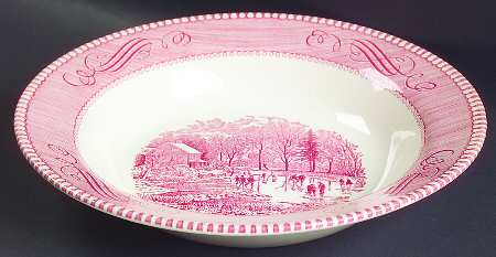 Currier and Ives Pink Rim Soup Bowl
