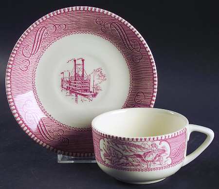 Currier and Ives Pink Flat Cup & Saucer Set
