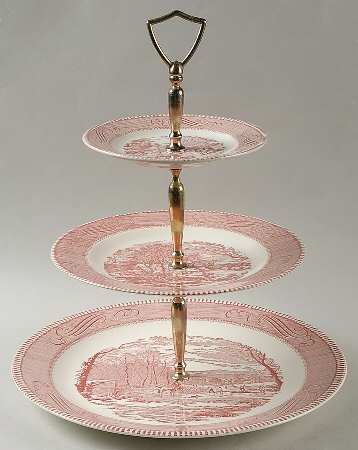 Currier and Ives Pink 3 Tiered Serving Tray (CH, LP, BB)