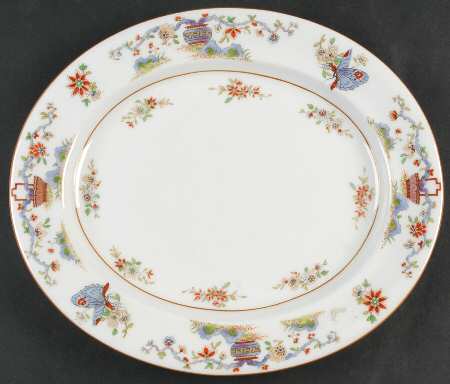 Pekin (White Background, Yellow Trim) 13" Oval Serving Platter