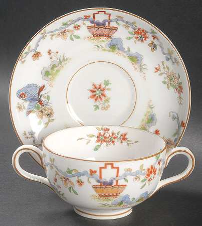 Pekin (White Background, Yellow Trim) Footed Bouillon Cup & Saucer