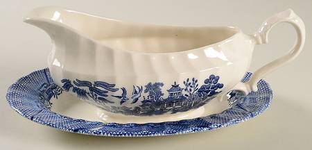 Blue Willow (Swirl Rim, England) Gravy Boat & Underplate/Relish