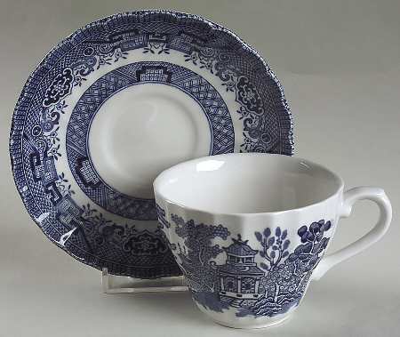 Blue Willow (Swirl Rim, England) Flat Cup & Saucer Set