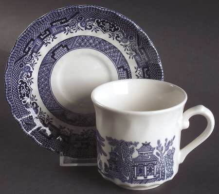 Blue Willow (Swirl Rim, England) Flat Cup & Saucer Set