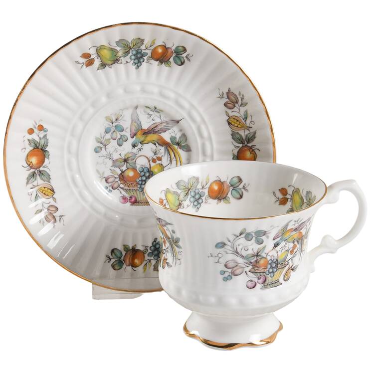 Bird and Fruit Footed Cup & Saucer Set