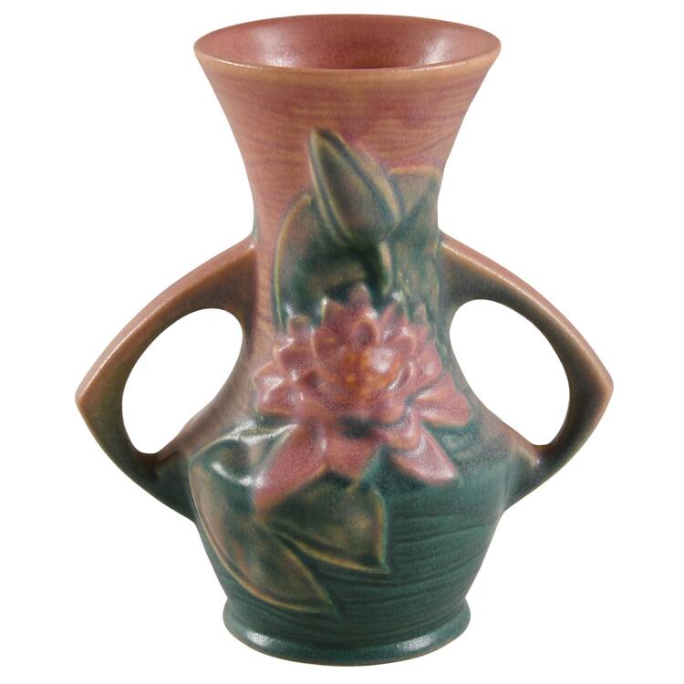 Water Lily Pink Green 6" Handled Vase